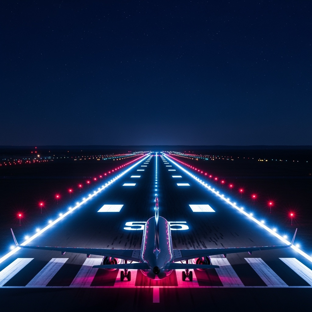 Airport runway at dusk with edge lighting