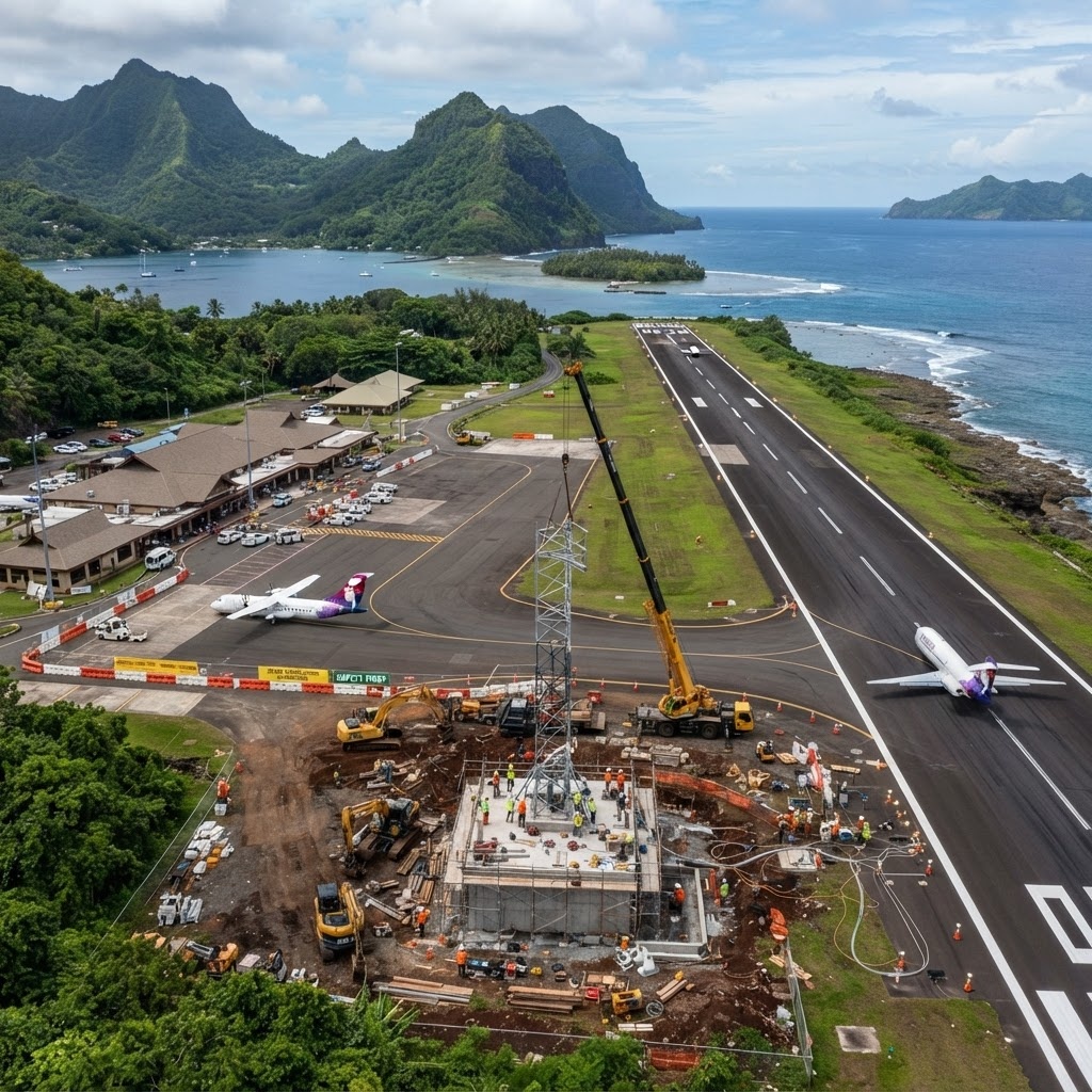 Aviation supply pallets and coating drums on airfield tarmac at sunrise