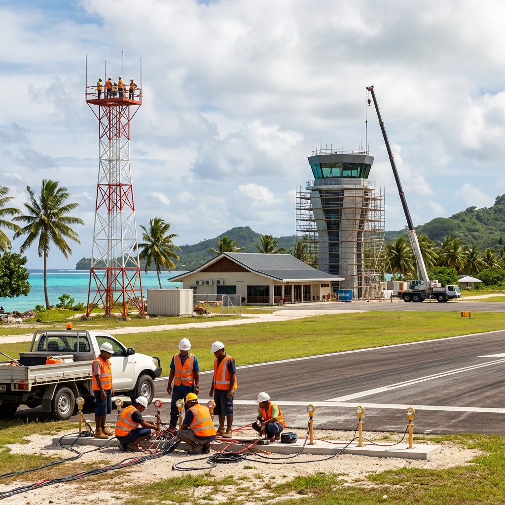 Airport control tower at twilight with runway lighting