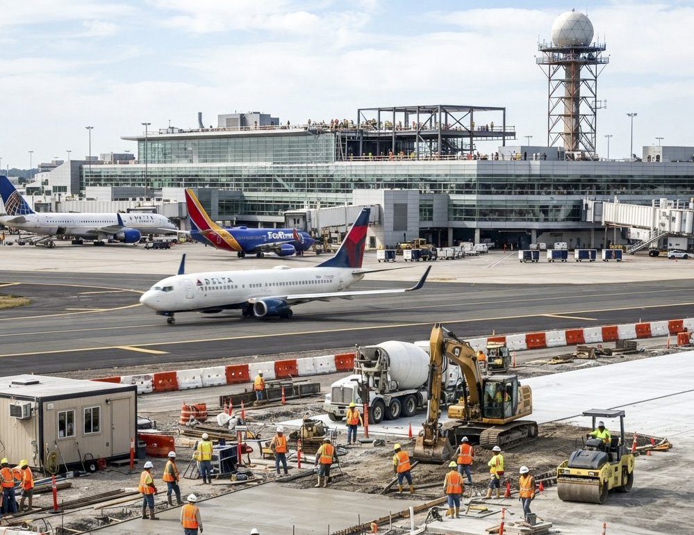 Airfield construction crew applying runway markings